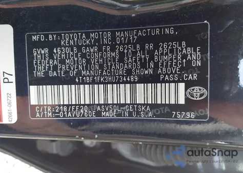 2017 Toyota Camry Se z USA, uszkodzony, nr VIN 4T1BF1FK3HU734489